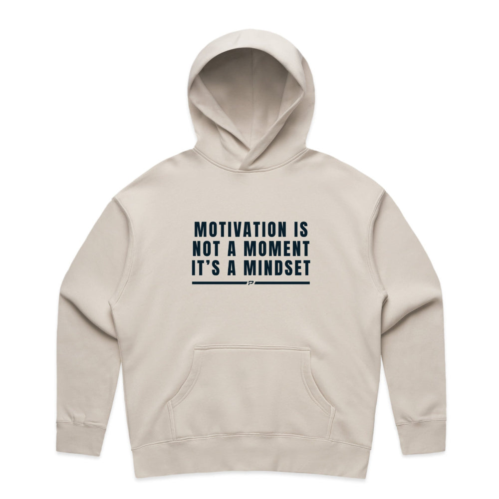 Bone colour women's hoodie with "Motivation Is Not A Moment It's A Mindset" design on white background