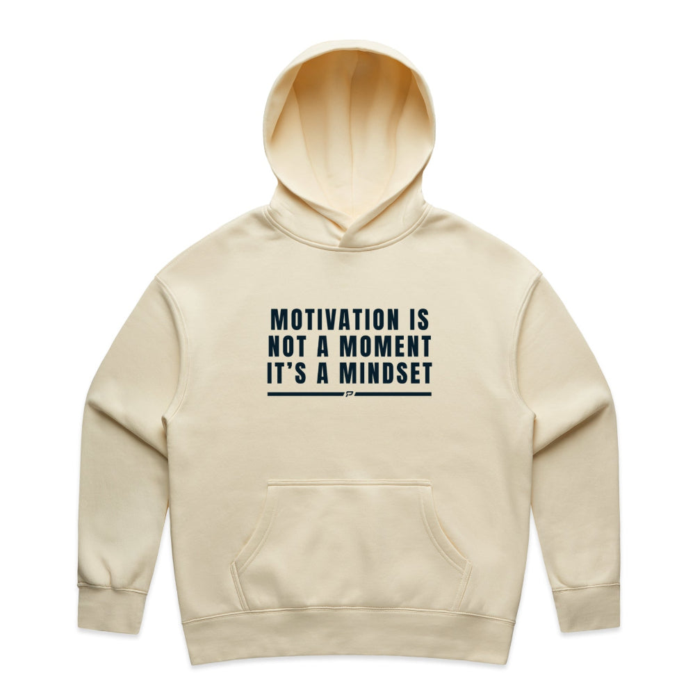 Butter colour women's hoodie with "Motivation Is Not A Moment It's A Mindset" design on white background