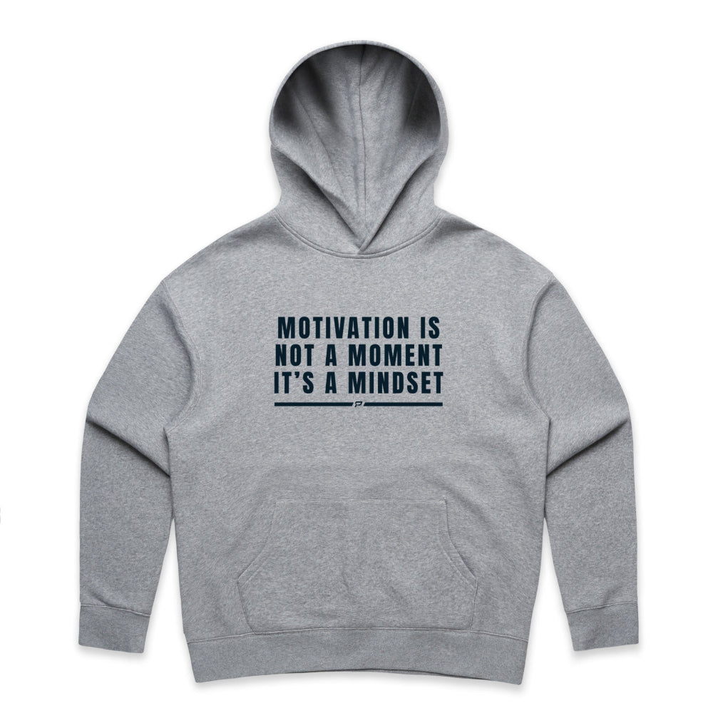 Grey women's hoodie with "Motivation Is Not A Moment It's A Mindset" design on white background