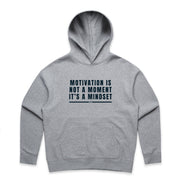 Grey women's hoodie with "Motivation Is Not A Moment It's A Mindset" design on white background