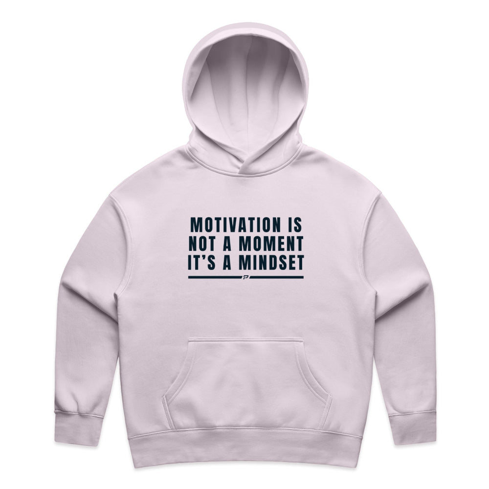 Orchid colour women's hoodie with "Motivation Is Not A Moment It's A Mindset" design on white background