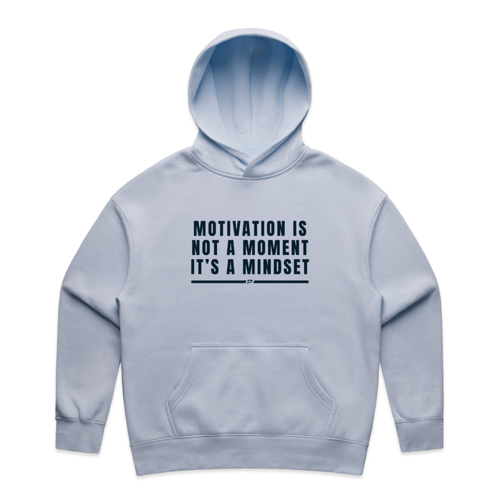 Powder colour women's hoodie with "Motivation Is Not A Moment It's A Mindset" design on white background