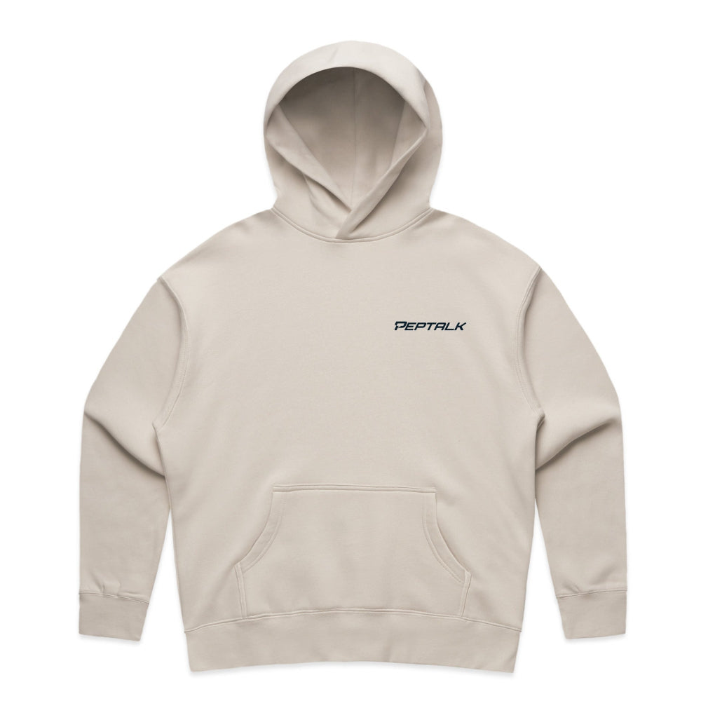 Bone colour women's hoodie with navy PepTalk logo on white background