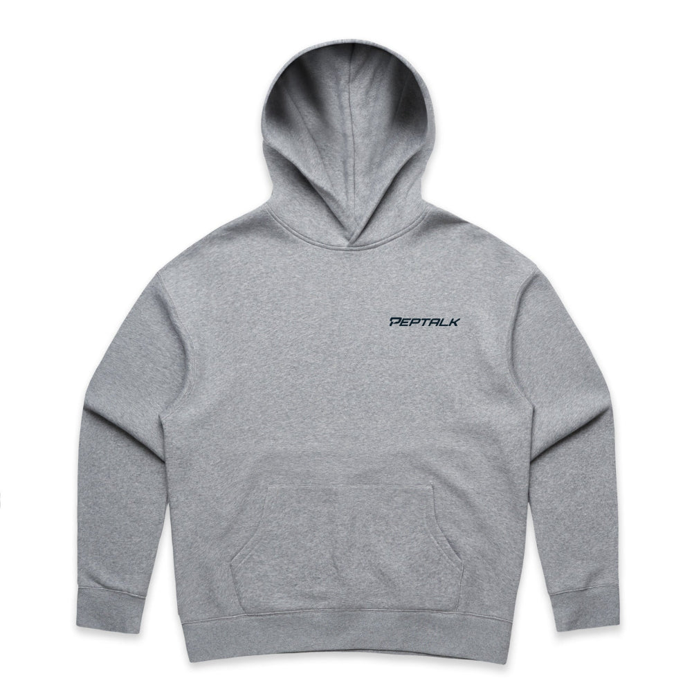 Grey women's hoodie with navy PepTalk logo on white background