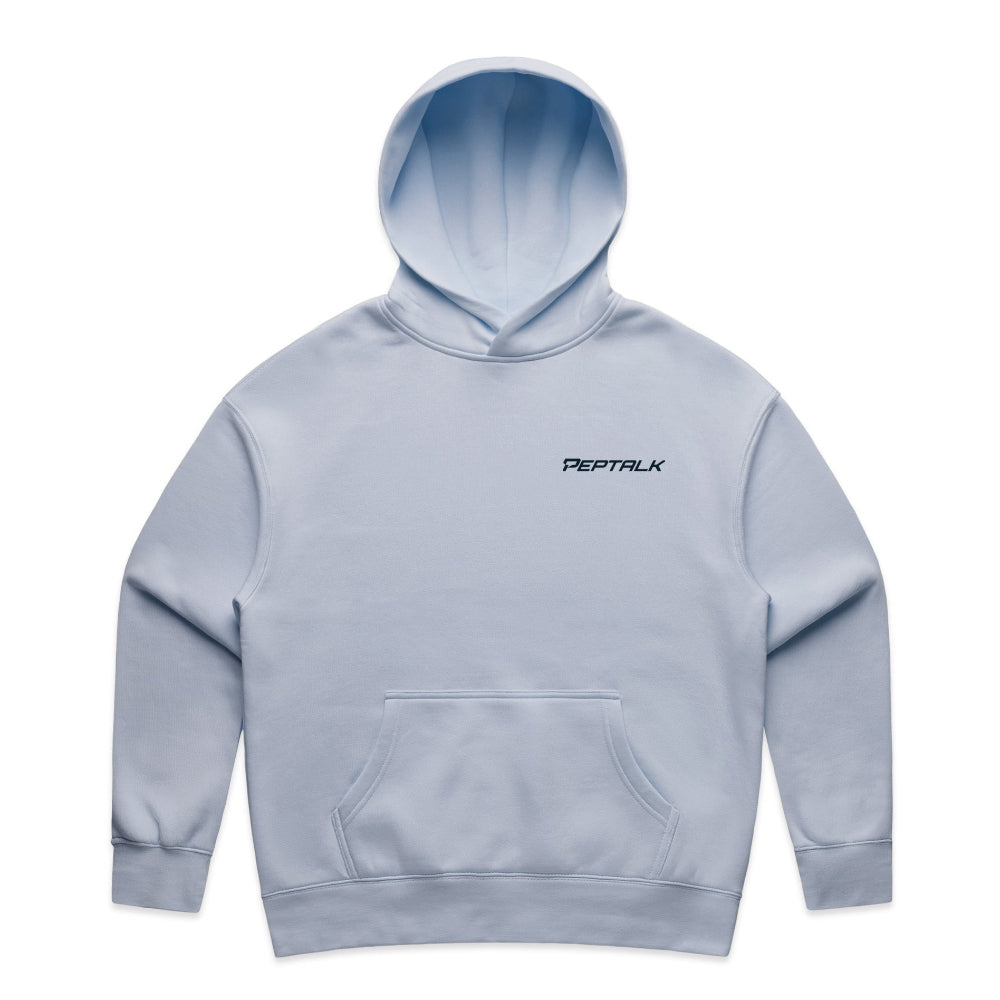 Light blue women's hoodie with navy PepTalk logo on white background