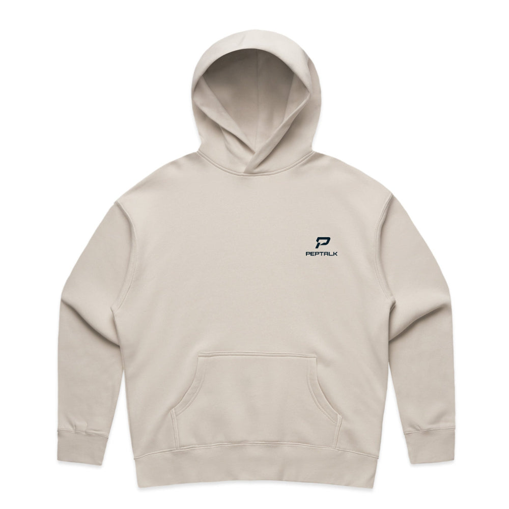 Beige women's hoodie with navy portrait PepTalk logo on white background