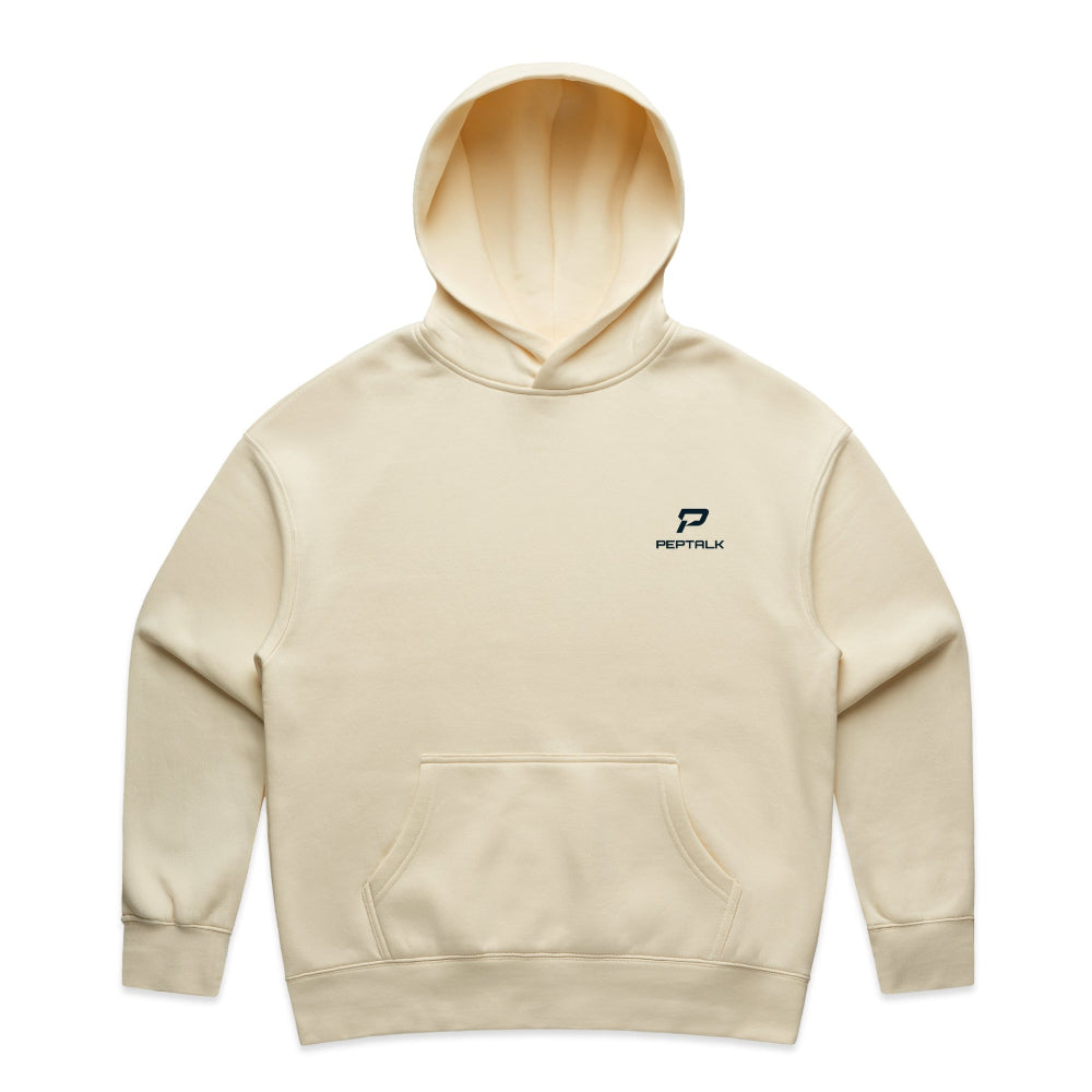Butter colour women's hoodie with navy portrait PepTalk logo on white background