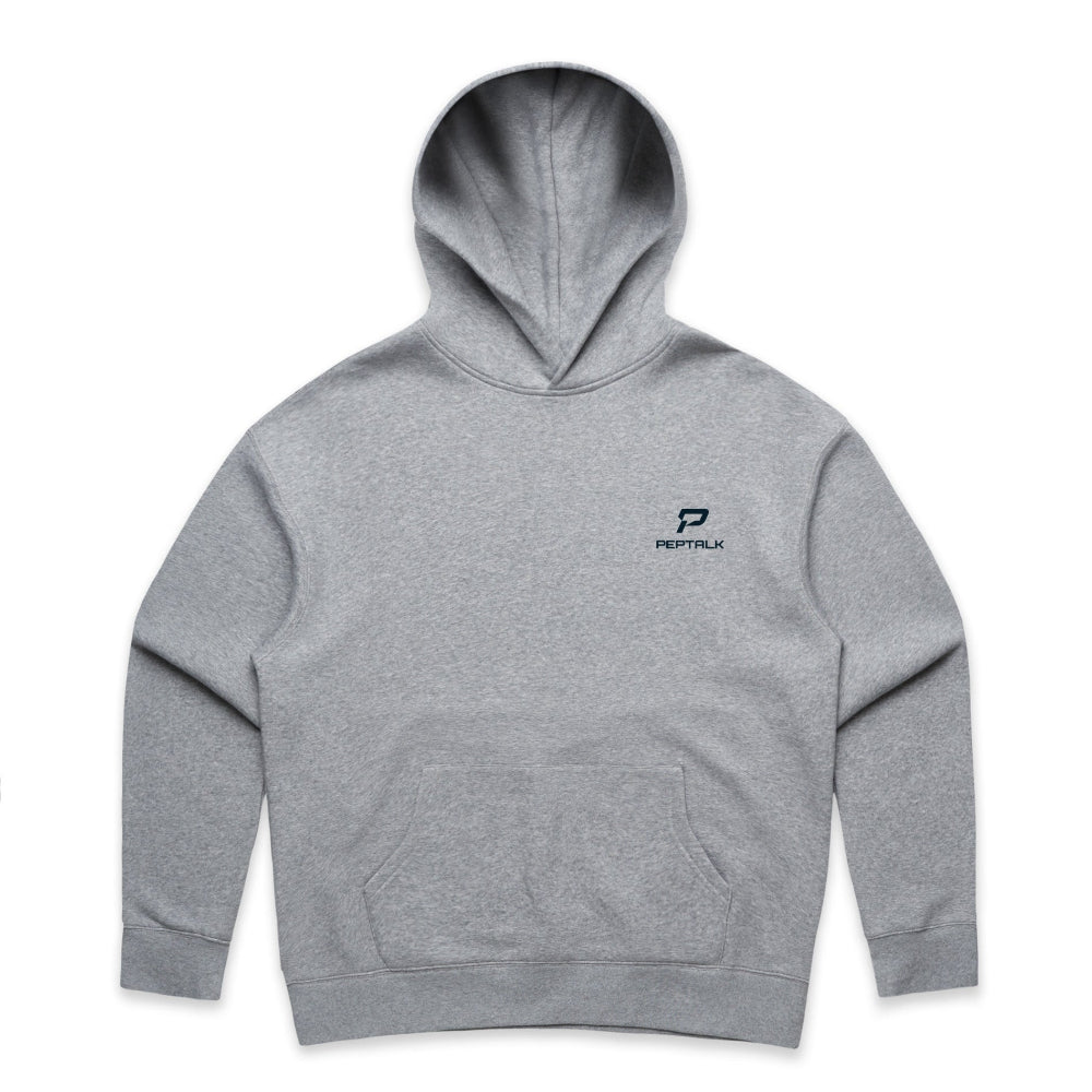 Grey women's hoodie with navy portrait PepTalk logo on white background