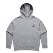 Grey women's hoodie with navy portrait PepTalk logo on white background