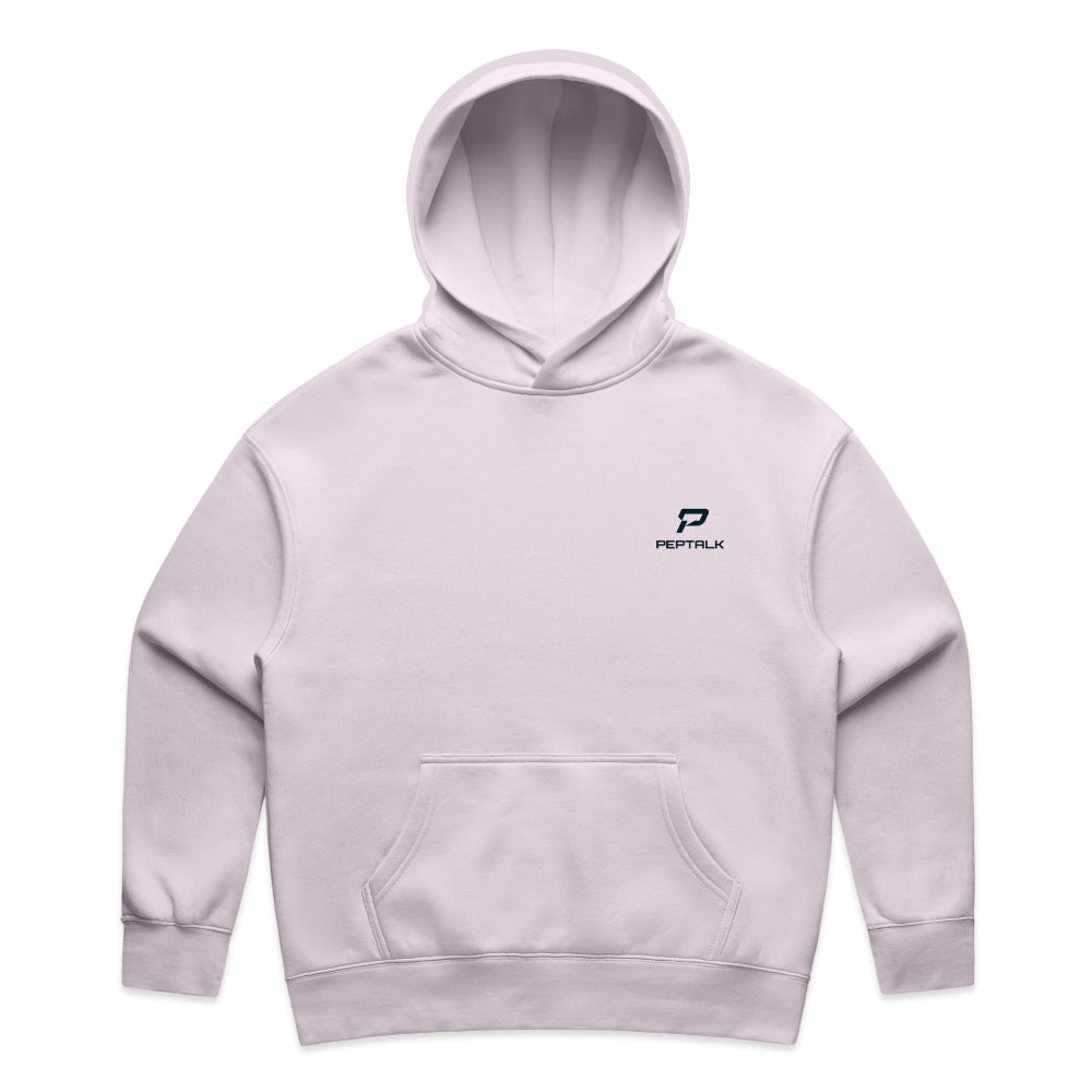 Orchid colour women's hoodie with navy portrait PepTalk logo on white background