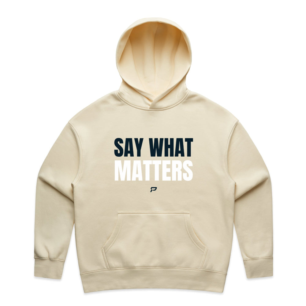 Butter colour women's hoodie with "Say What Matters" design on white background