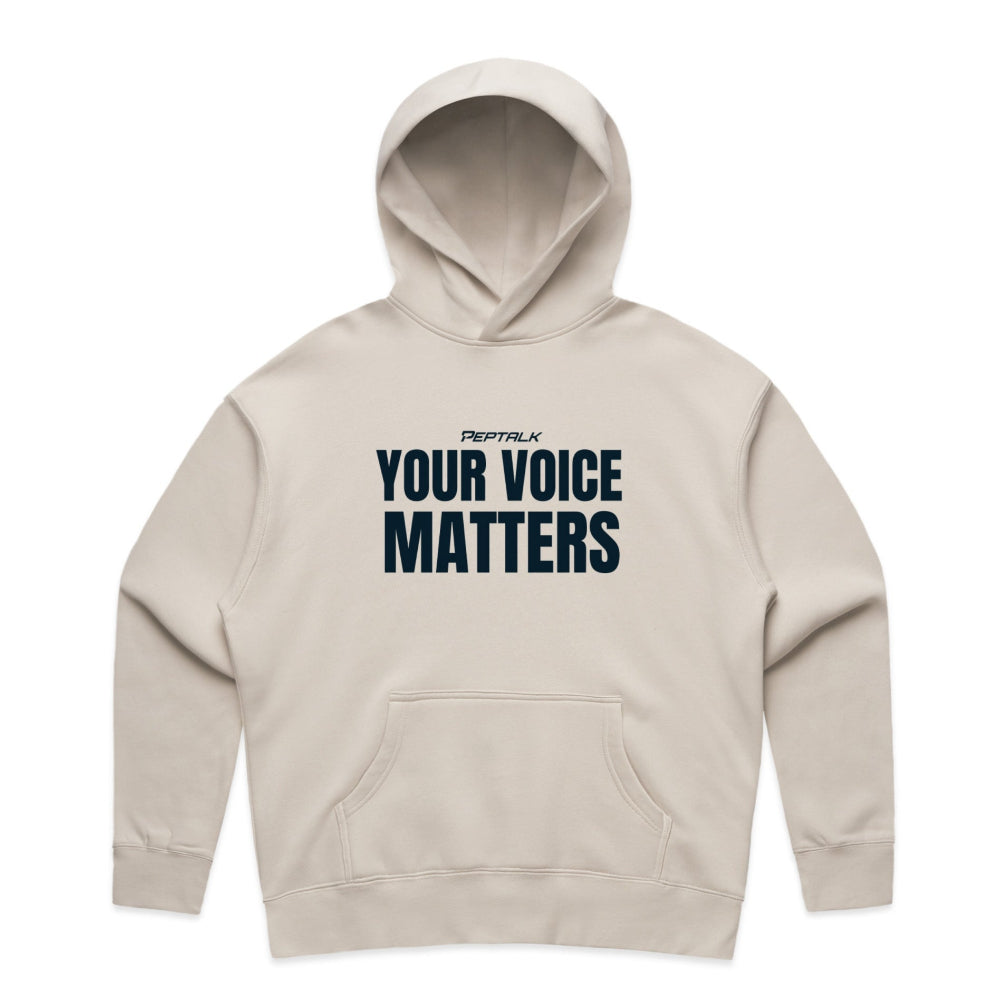 Bone colour women's hoodie with "Your Voice Matters" design on white background