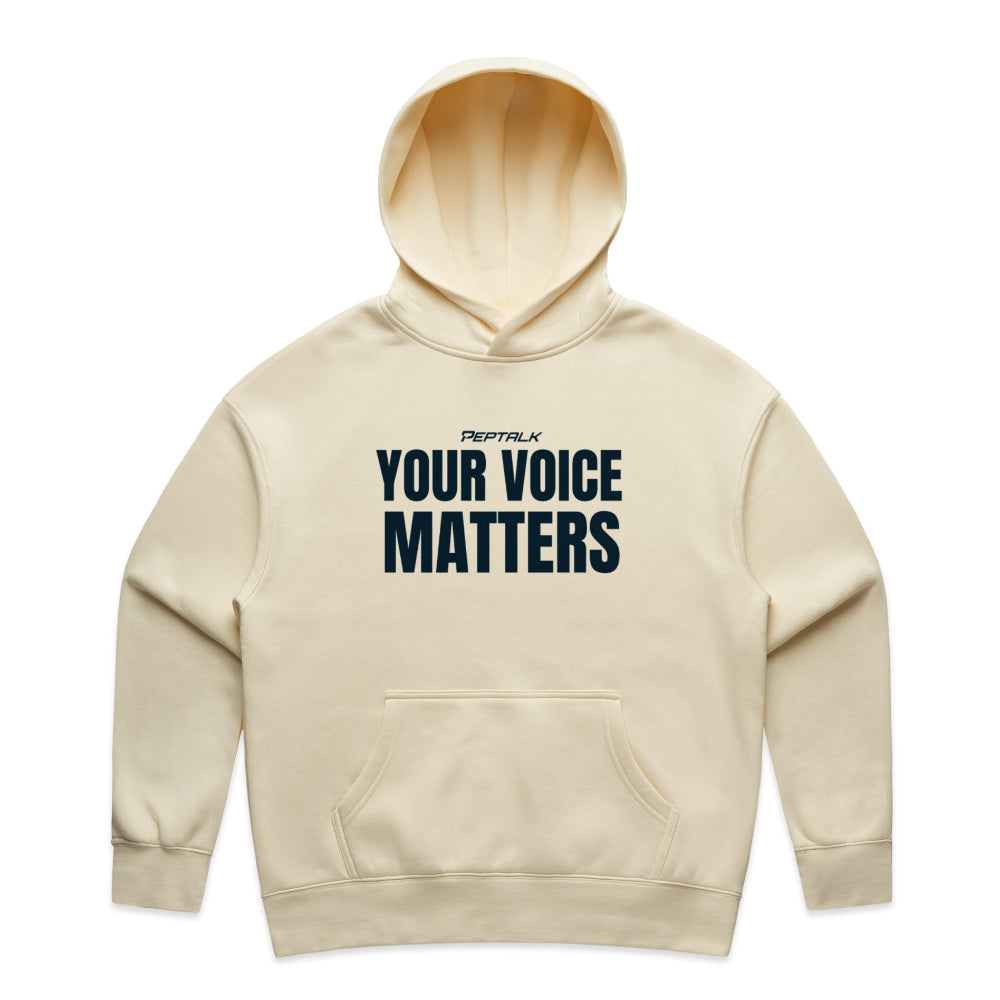 Butter colour women's hoodie with "Your Voice Matters" design on white background