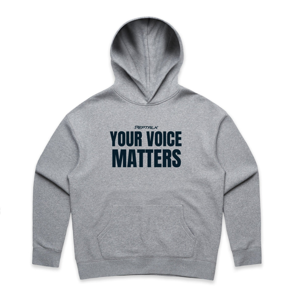 Grey women's hoodie with "Your Voice Matters" design on white background