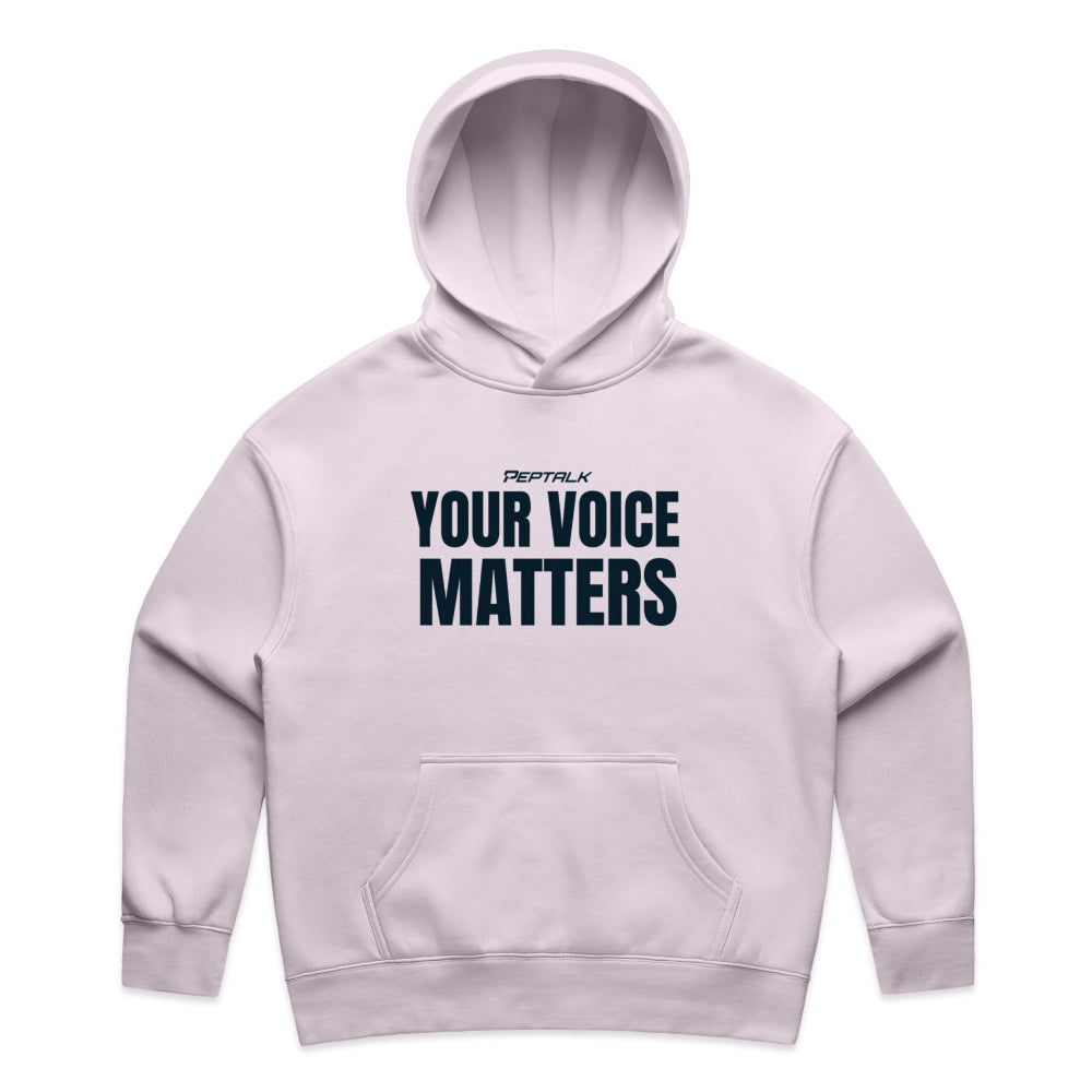 Orchid colour women's hoodie with "Your Voice Matters" design on white background