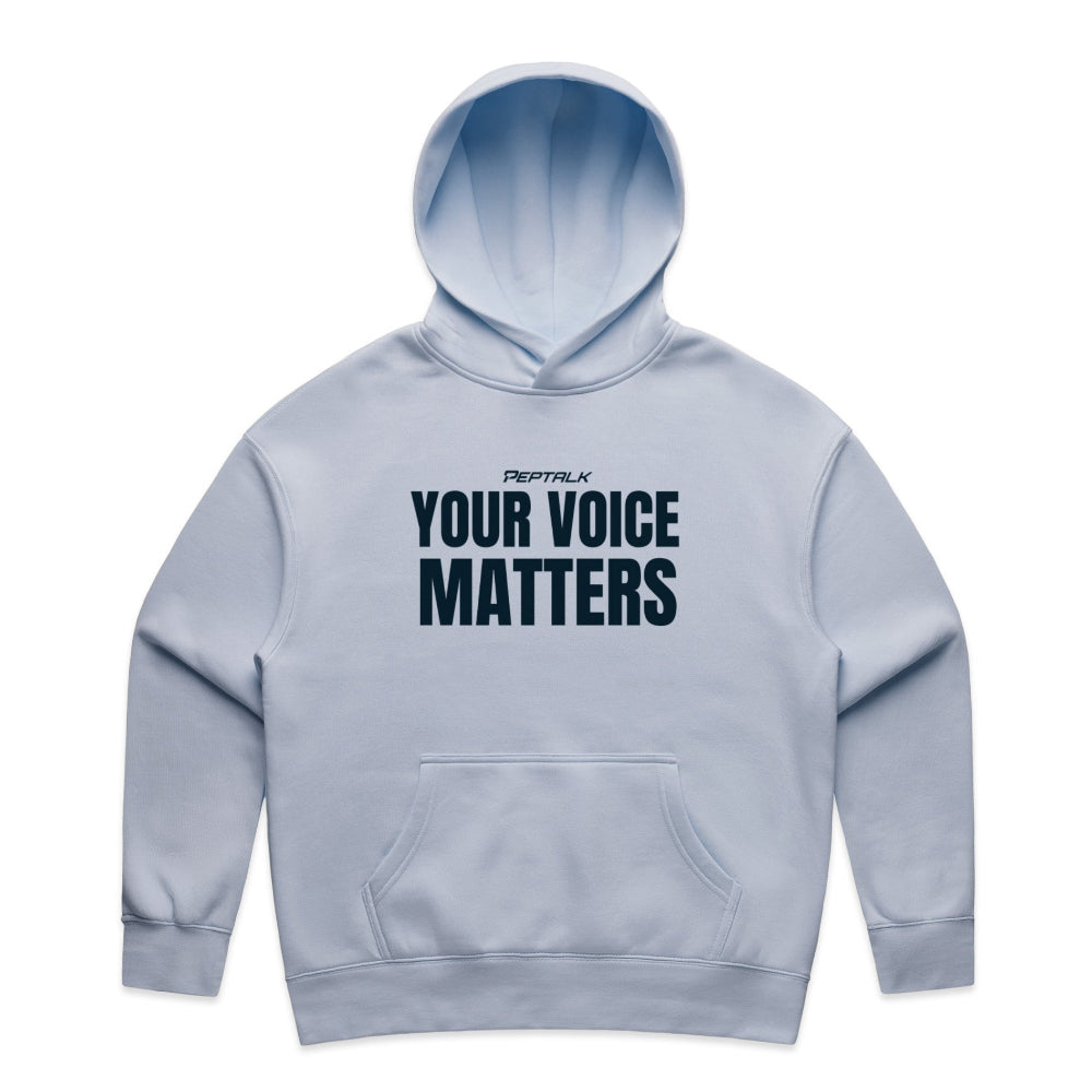 Powder colour women's hoodie with "Your Voice Matters" design on white background
