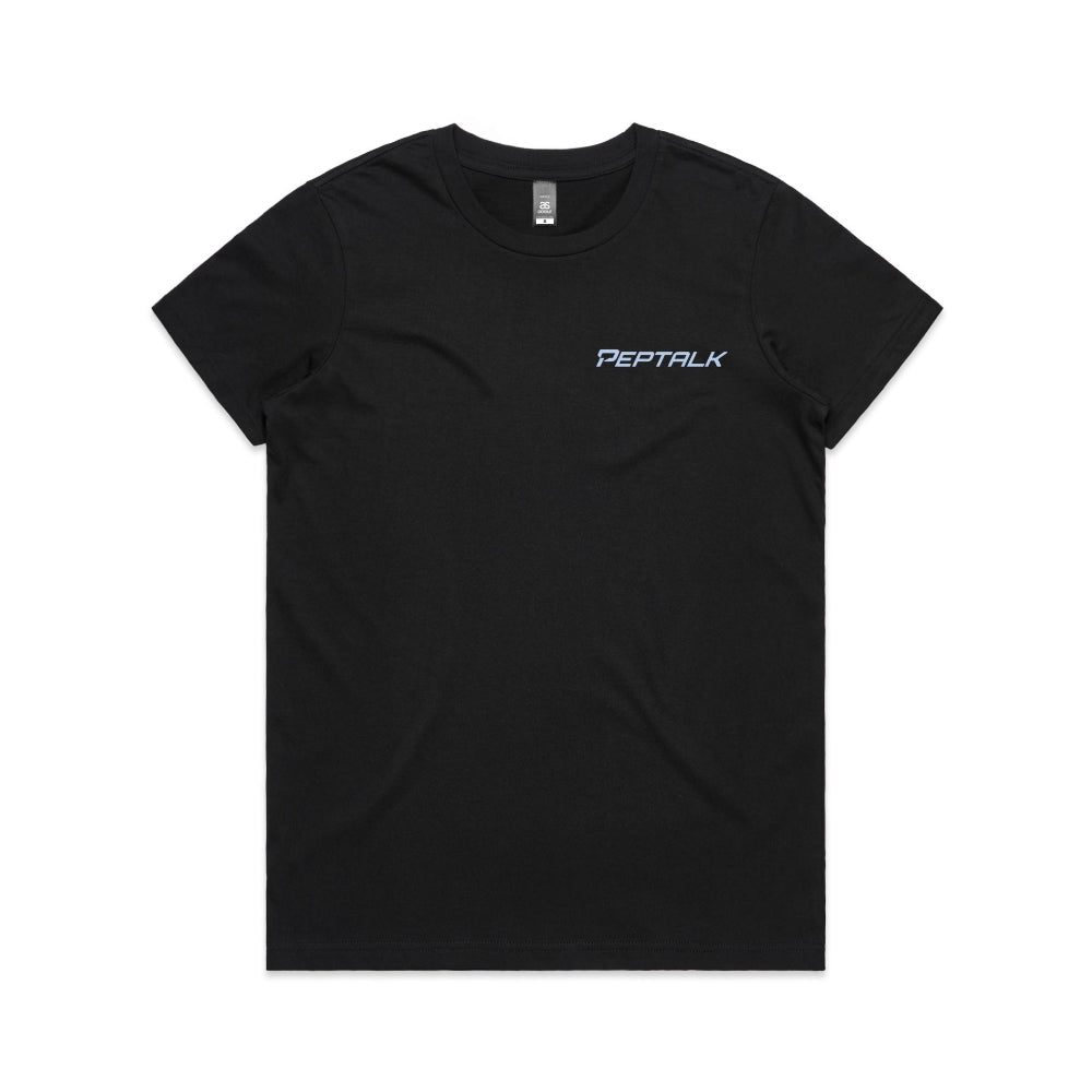 Black women's t-shirt with blue PepTalk logo on white background