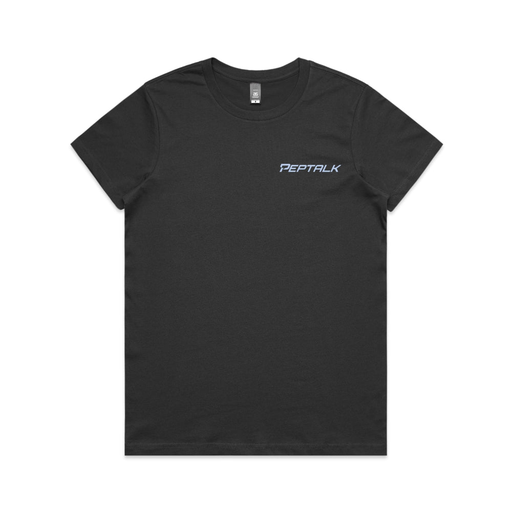 Coal colour women's t-shirt with blue PepTalk logo on white background