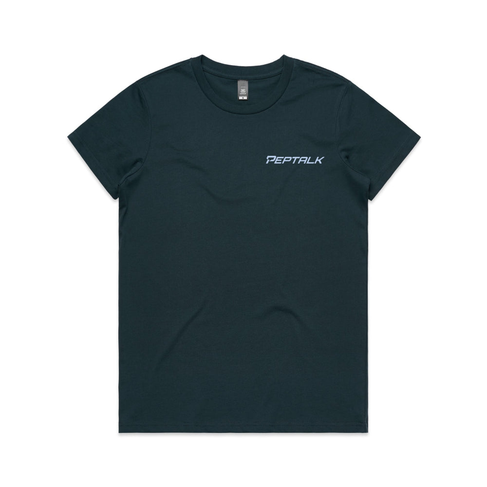 Indigo women's t-shirt with blue PepTalk logo on white background