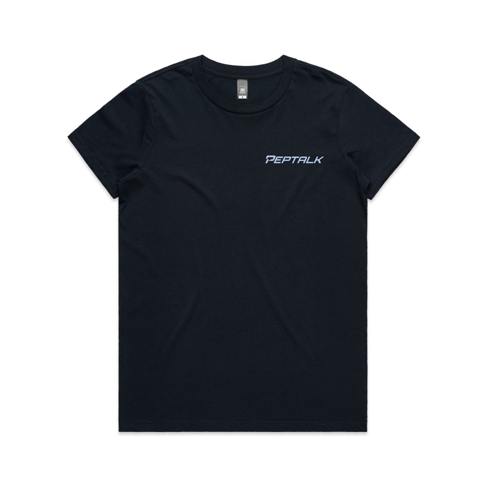 Navy women's t-shirt with blue PepTalk logo on white background
