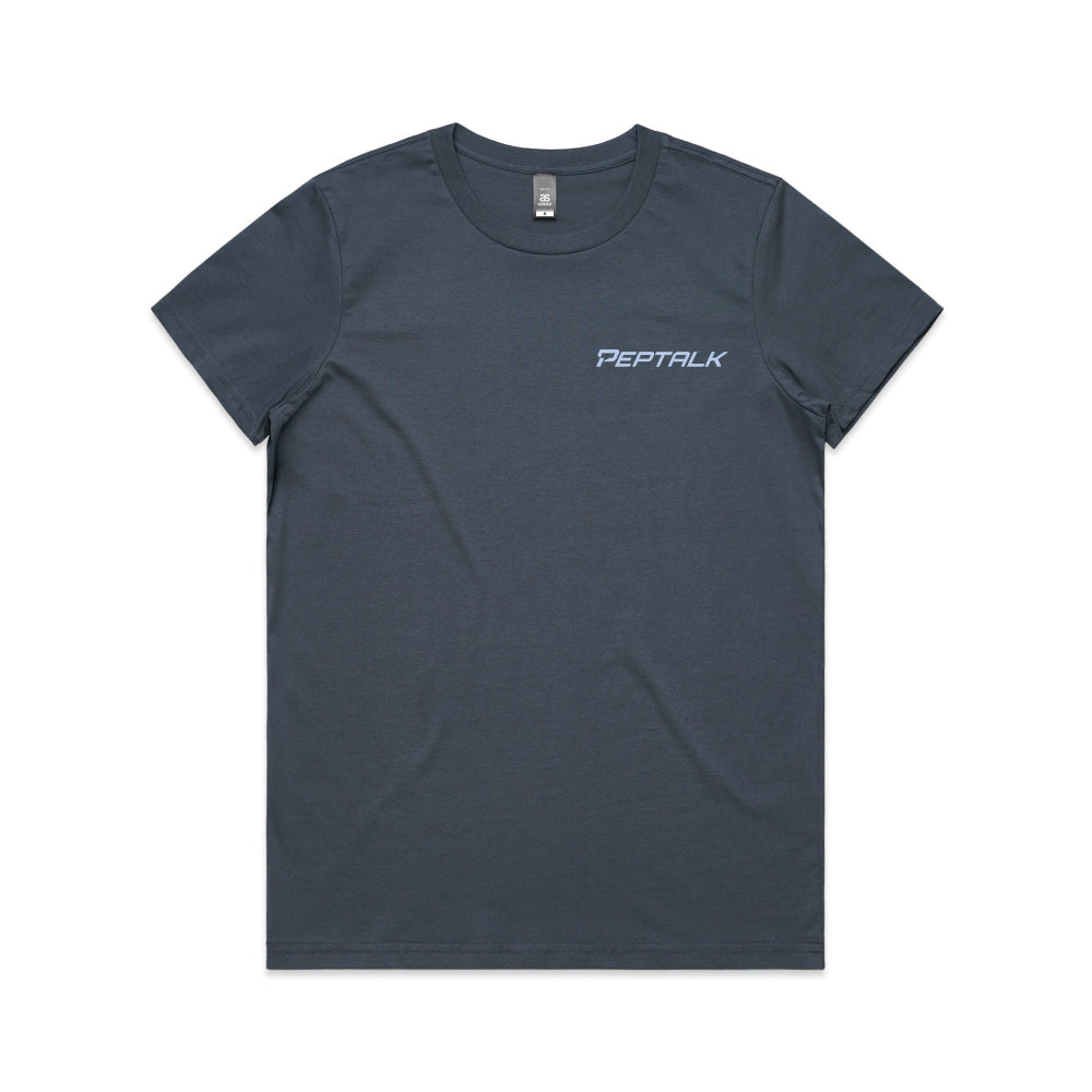 Petrol blue women's t-shirt with blue PepTalk logo on white background