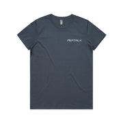 Petrol blue women's t-shirt with blue PepTalk logo on white background