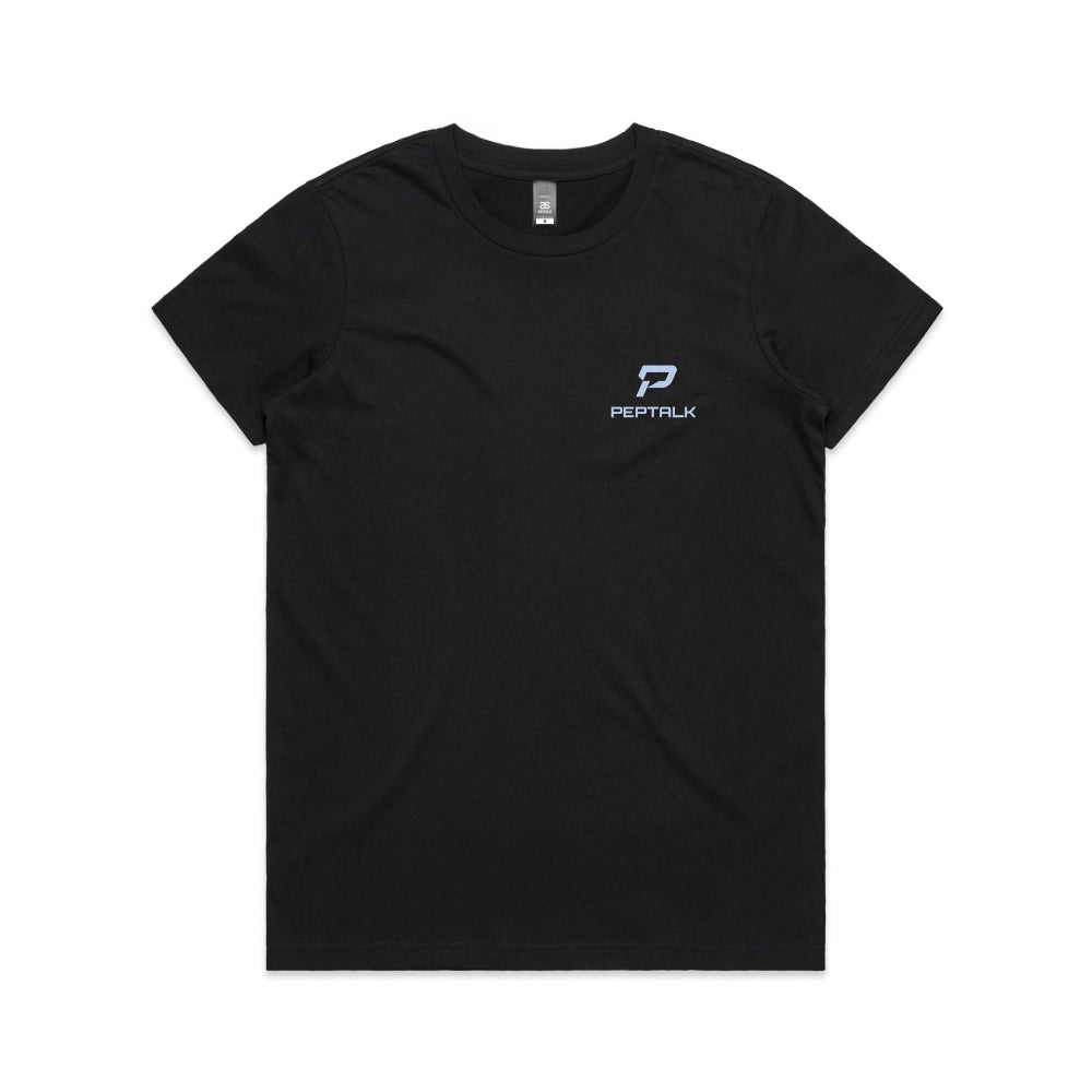 Black women's t-shirt with blue portrait PepTalk logo on white background