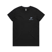 Black women's t-shirt with blue portrait PepTalk logo on white background