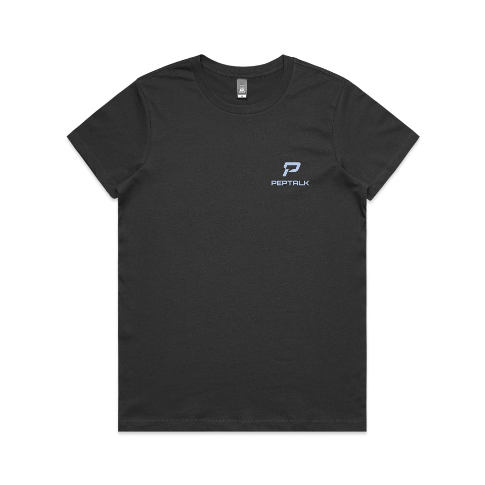 Coal colour women's t-shirt with blue portrait PepTalk logo on white background