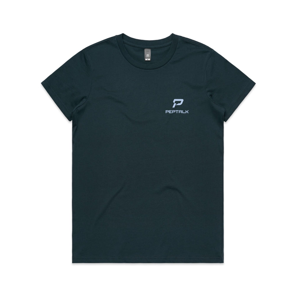 Indigo women's t-shirt with blue portrait PepTalk logo on white background