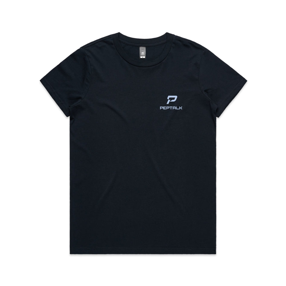 Navy women's t-shirt with blue portrait PepTalk logo on white background