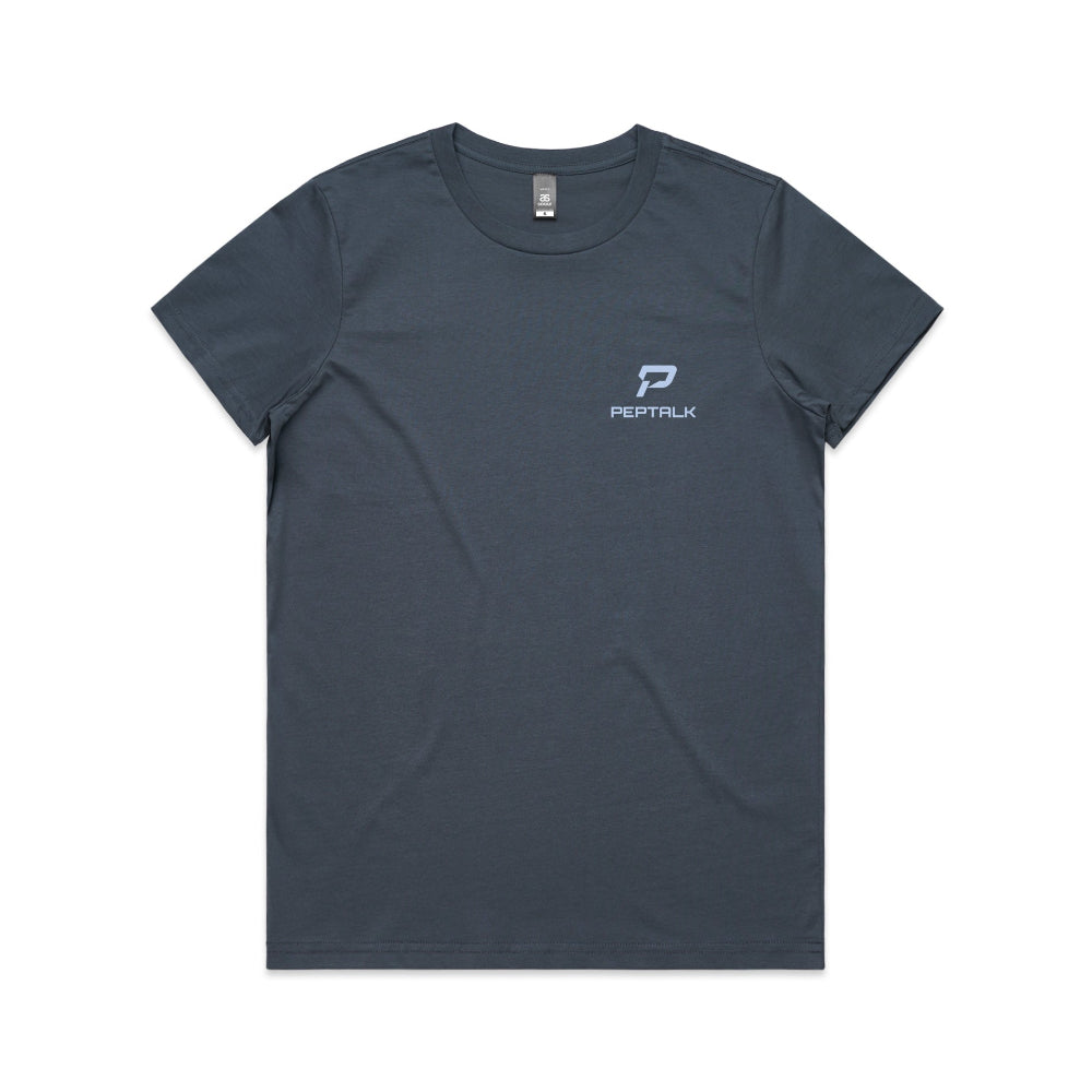 Petrol blue women's t-shirt with blue portrait PepTalk logo on white background