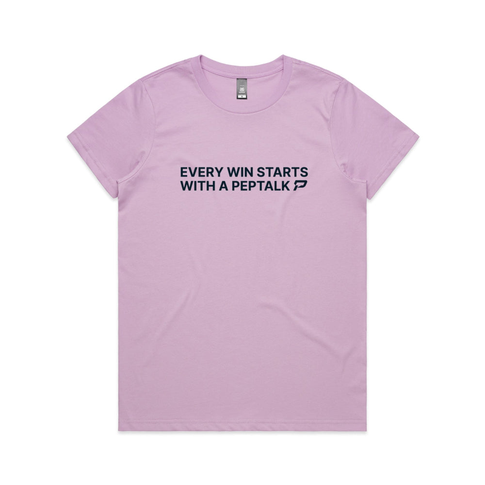 Lavender women's t-shirt with "Every Win Starts With A PepTalk" design on white background