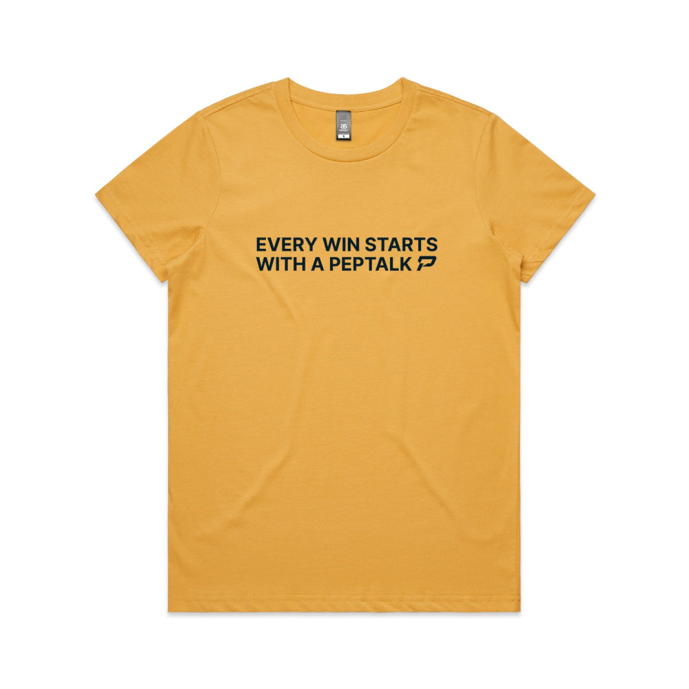 Mustard colour women's t-shirt with "Every Win Starts With A PepTalk" design on white background