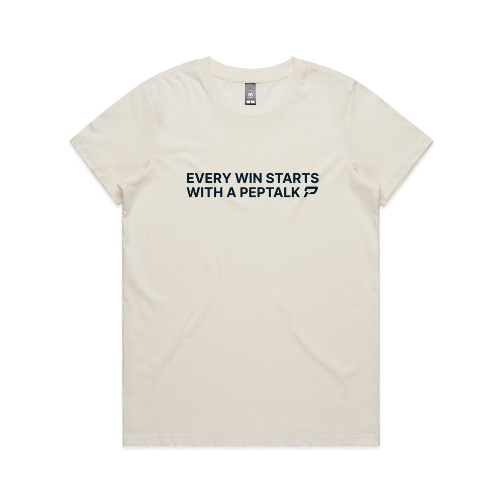 Natural colour women's t-shirt with "Every Win Starts With A PepTalk" design on white background