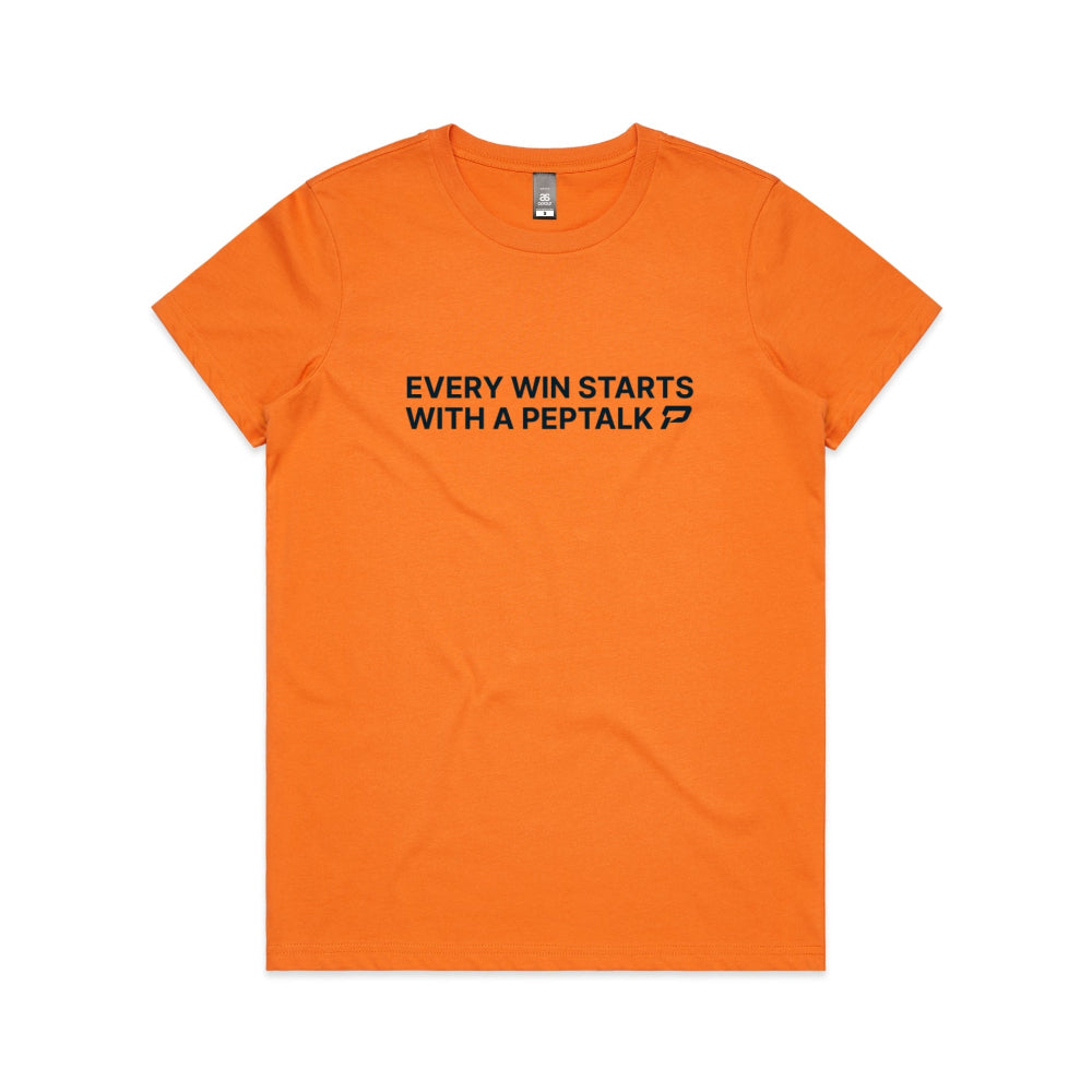 Orange women's t-shirt with "Every Win Starts With A PepTalk" design on white background