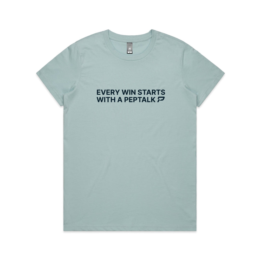 Pale blue women's t-shirt with "Every Win Starts With A PepTalk" design on white background