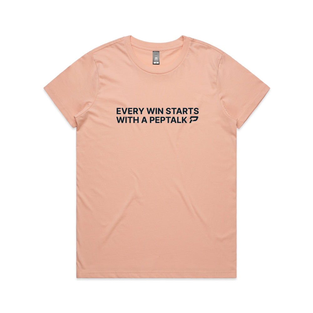 Pale pink women's t-shirt with "Every Win Starts With A PepTalk" design on white background