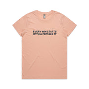 Pale pink women's t-shirt with "Every Win Starts With A PepTalk" design on white background