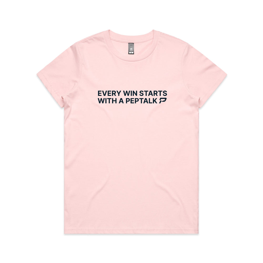 Pink women's t-shirt with "Every Win Starts With A PepTalk" design on white background