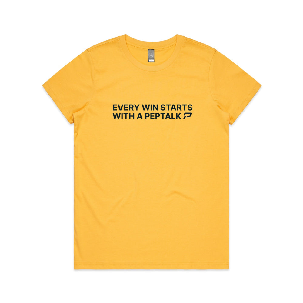 Yellow women's t-shirt with "Every Win Starts With A PepTalk" design on white background