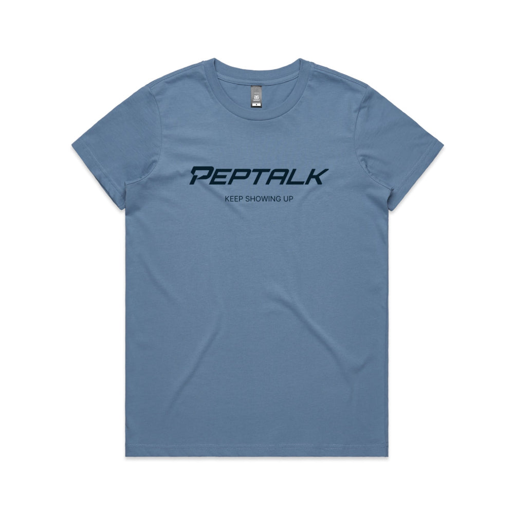 Carolina blue women's t-shirt with PepTalk logo and "Keep Showing Up" design on white background