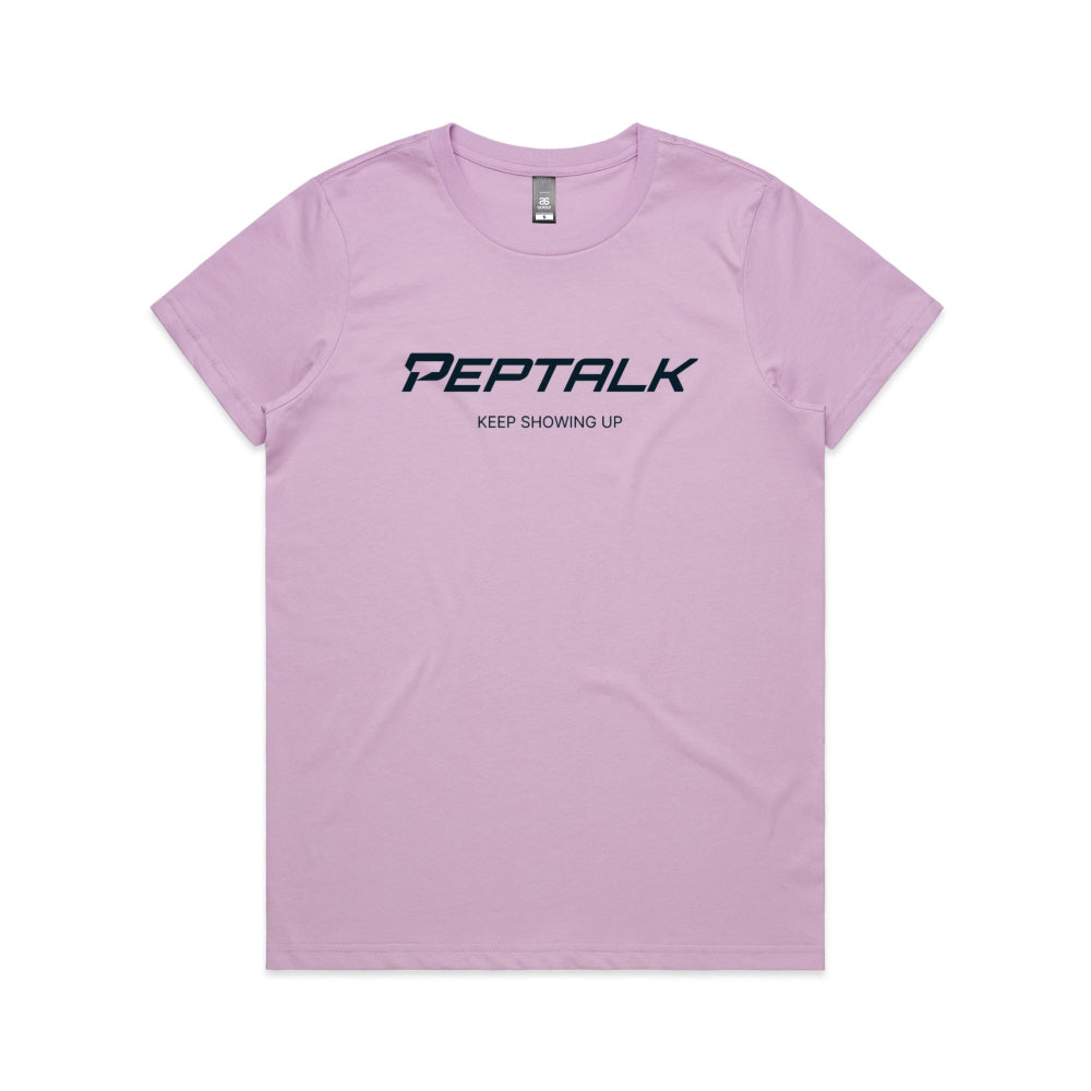 Lavender women's t-shirt with PepTalk logo and "Keep Showing Up" design on white background
