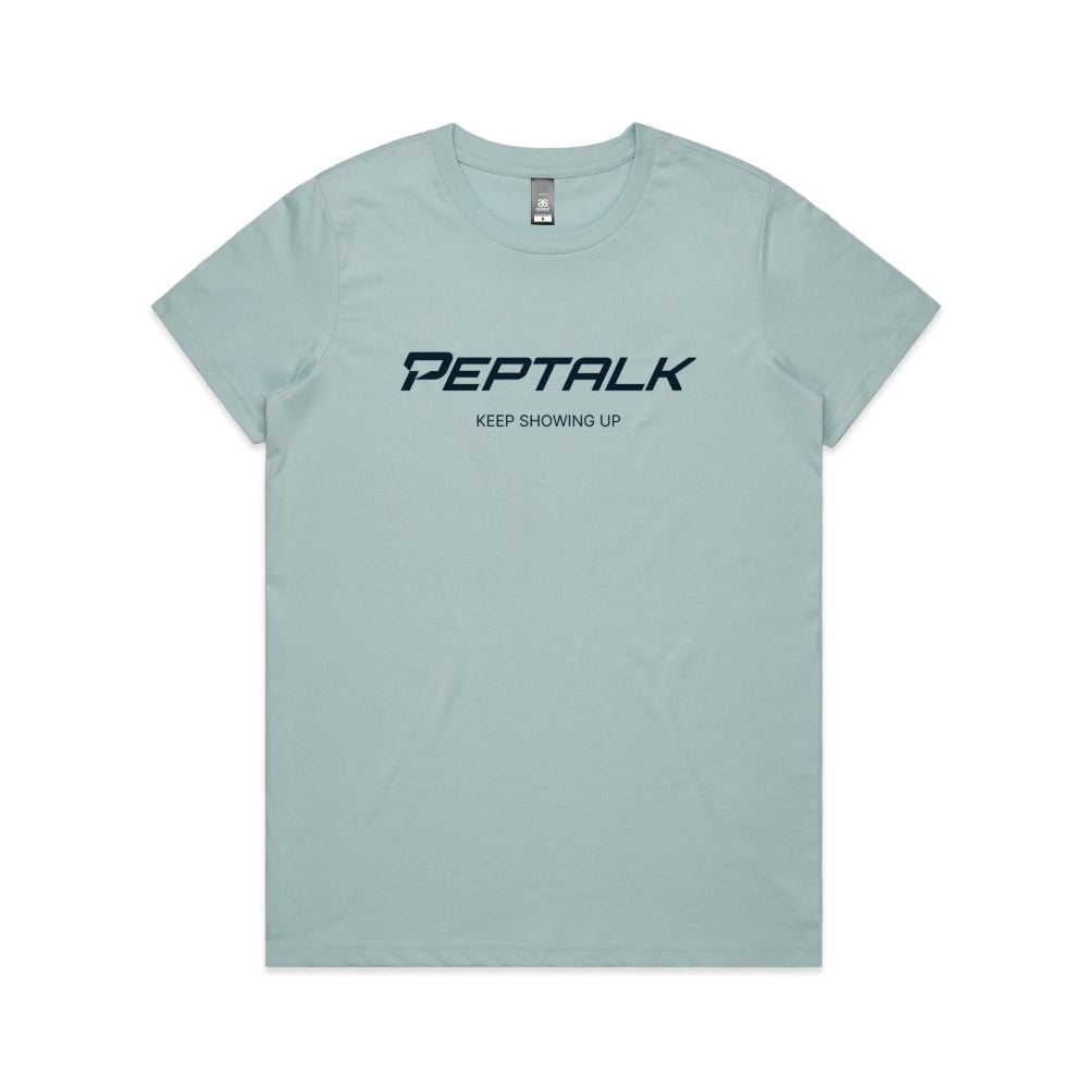 Pale blue women's t-shirt with PepTalk logo and "Keep Showing Up" design on white background