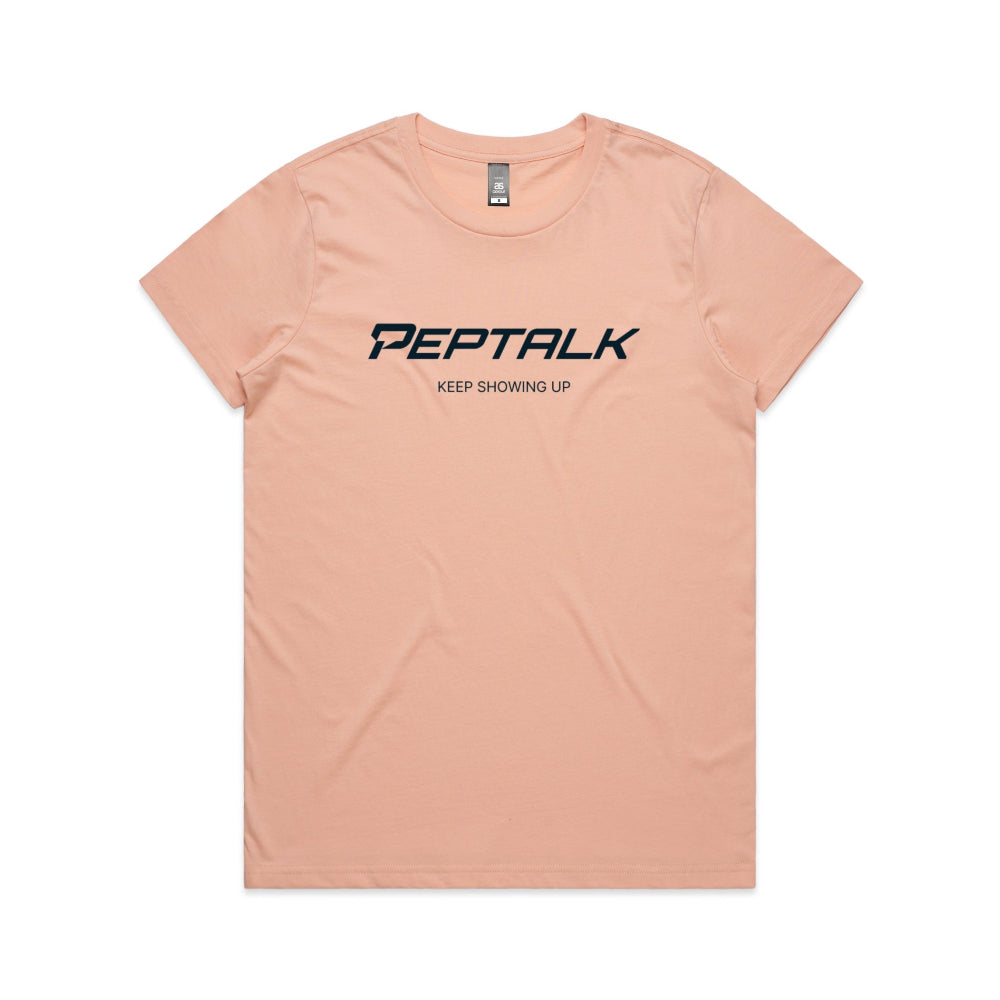 Pale pink women's t-shirt with PepTalk logo and "Keep Showing Up" design on white background