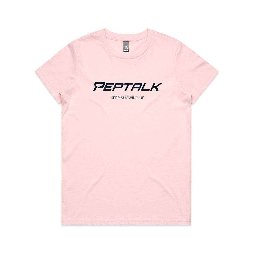 Pink women's t-shirt with PepTalk logo and "Keep Showing Up" design on white background