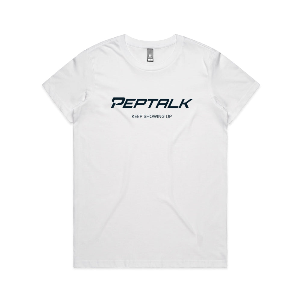 White women's t-shirt with PepTalk logo and "Keep Showing Up" design on white background