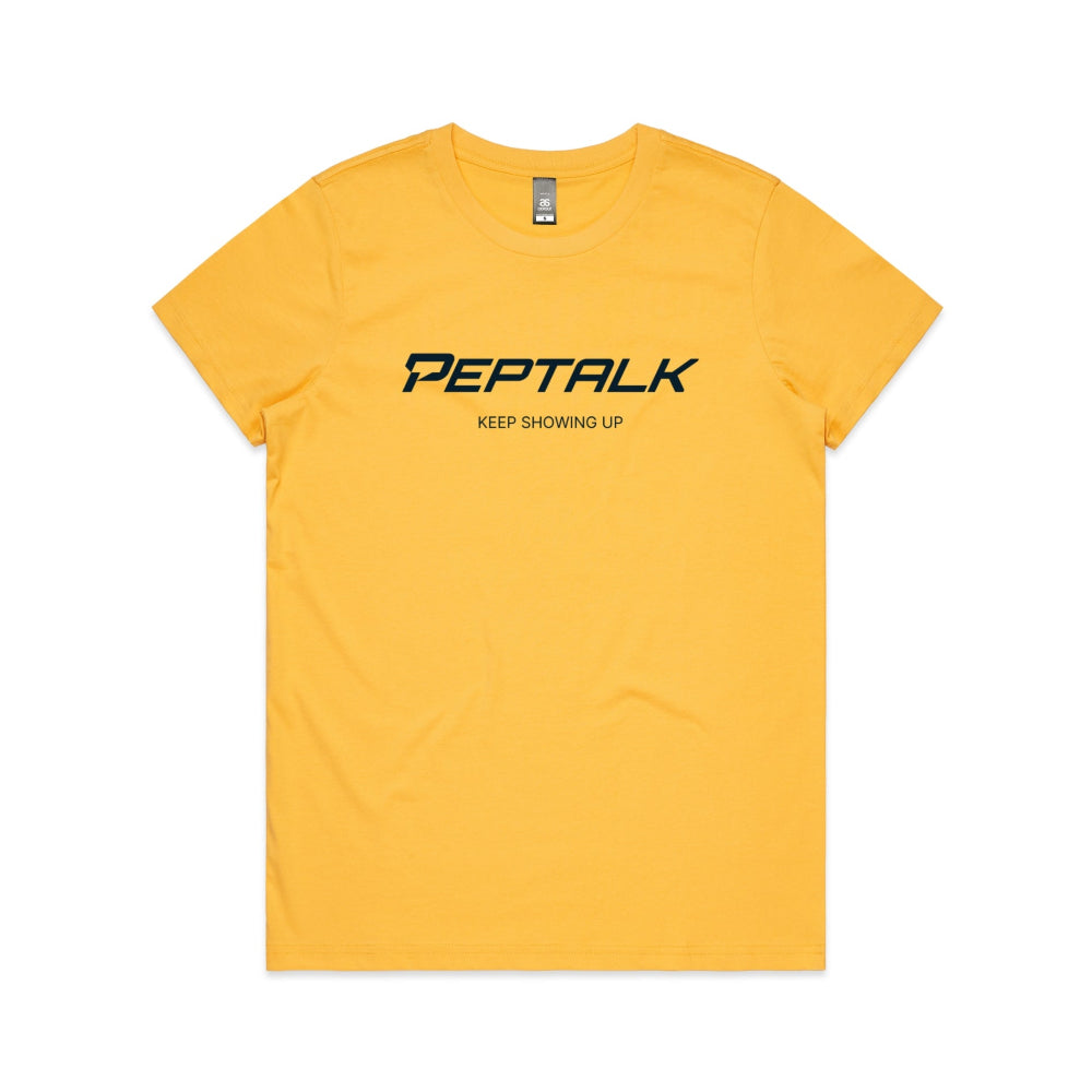 Yellow women's t-shirt with PepTalk logo and "Keep Showing Up" design on white background