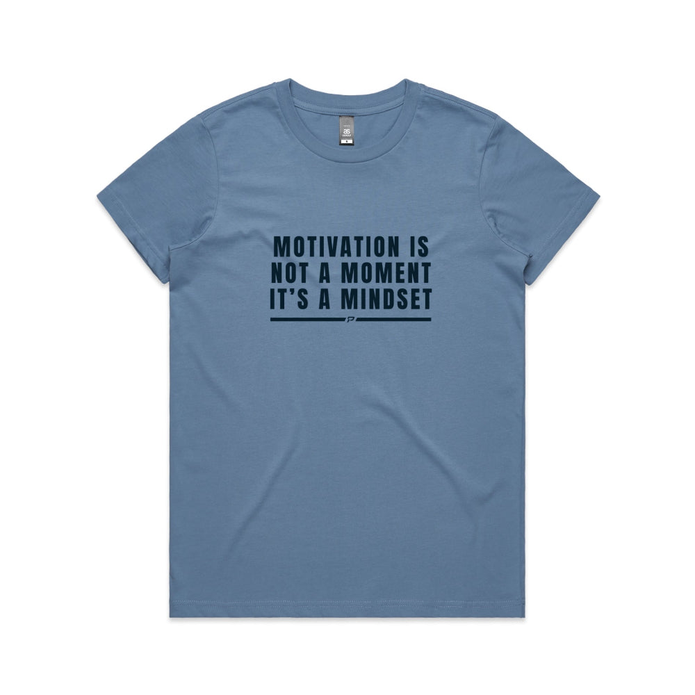 Carolina blue women's t-shirt with "Motivation Is Not A Moment" design on white background