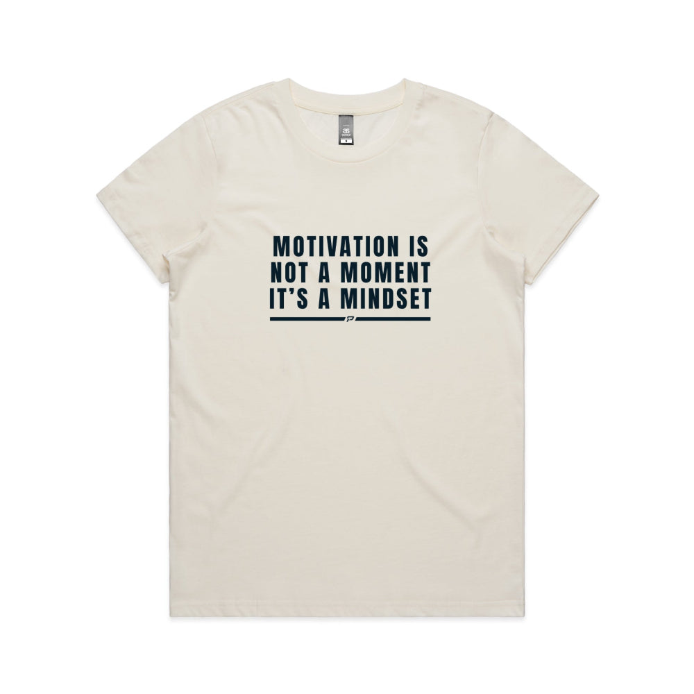 Natural colour women's t-shirt with "Motivation Is Not A Moment" design on white background